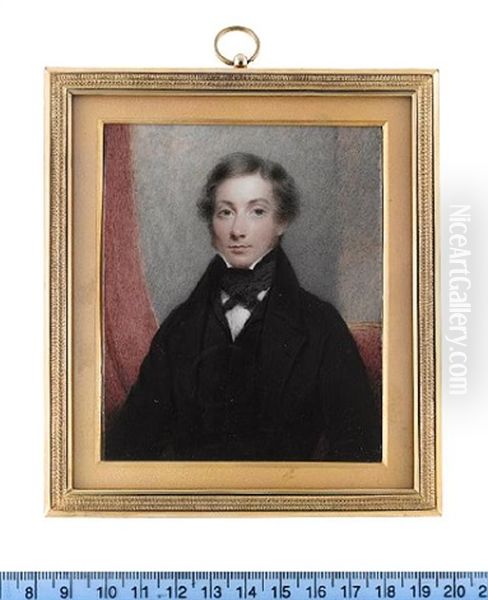 A Gentleman, Seated On A Red Upholstered Chair, Wearing Black Coat, Waistcoat, White Chemise, Black Stock And Tie - view 1