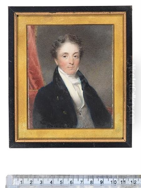 A Gentleman, Seated On A Red Upholstered Chair, Wearing Blue Coat, Cream Waistcoat And White Cravat, Red Curtain Background - view 1