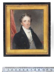 A Gentleman, Seated On A Red Upholstered Chair, Wearing Blue Coat, Cream Waistcoat And White Cravat, Red Curtain Background