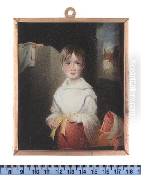 The Artist's Daughter, Mary, As A Young Girl, Wearing Coral Skirt, White Blouse, Yellow Sash, Coral Lined Bonnet On Table By Her Left - view 1