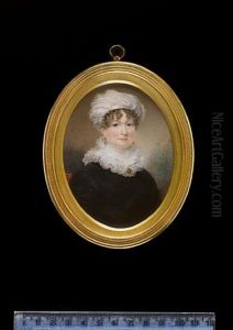 A Lady, Seated On A Red Chair, Wearing Black Dress, White Ruff Collar Held With Red Brooch, Gold Pendent Earrings And White Turban In Her Curled Hair