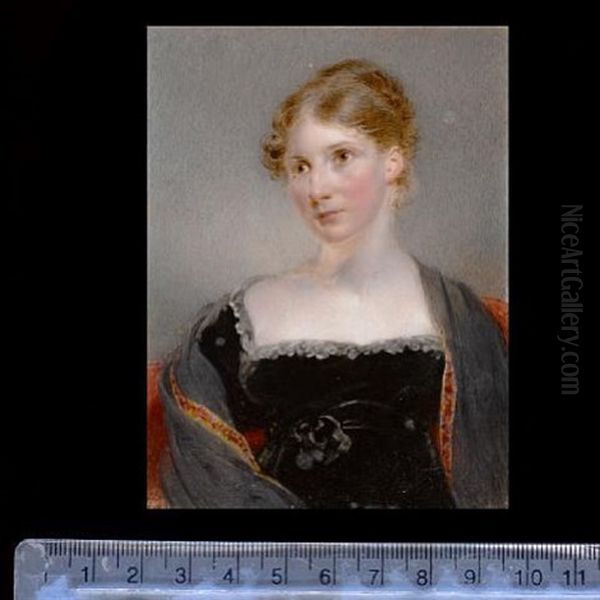 A Lady, Seated On A Red Upholstered Chair, Wearing Black Dress Trimmed With White Lace, Dark Grey Shawl With Red Border, Her Brown Hair Curled And Upswept - view 1