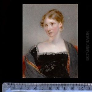 A Lady, Seated On A Red Upholstered Chair, Wearing Black Dress Trimmed With White Lace, Dark Grey Shawl With Red Border, Her Brown Hair Curled And Upswept by Hargreaves, Thomas