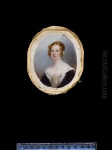 A Lady, Wearing Purple Velvet Robe Trimmed With Ermine Over White Dress, Her Hair Upswept And Dressed In Ringlets