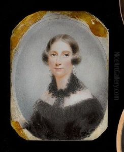 A Lady, Wearing Decollete Black Dress With Lace Bertha And Tied Black Scarf, Pendent Earrings, Her Hair Upswept