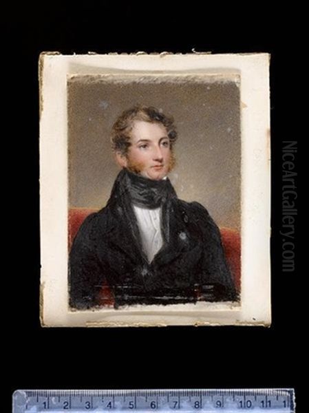 A Gentleman, Seated On A Red Upholstered Chair, Wearing Black Coat With White Shirt And Tied Black Stock - view 1