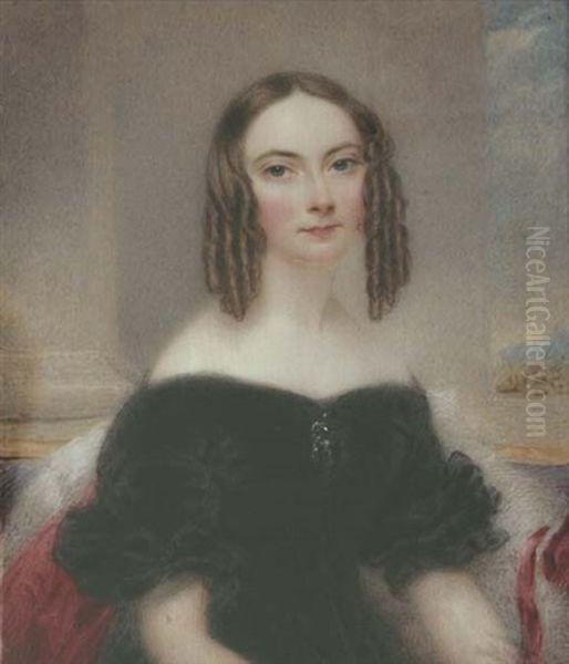 A Young Lady, Seated In A Blue Upholstered Chair, In Black Velvet Dress, Drop Jewel Pendant At Corsage, White Fur-bordered Red Cloak, Her Centre-parted Light Brown Hair Dressed In Ringlets - view 1