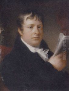 Rev. William Shepard In A Black Coat And Frilled White Cravat, Holding A Document, Seated In A Crimson Chair; Drapery Background