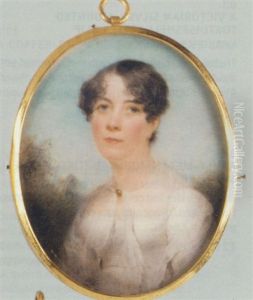 A Young Lady In A White Dress With A Transparent Stole Over Her Shoulders With A Brooch Clasp, Dark Curling Hair; Landscape Background by Hargreaves, Thomas
