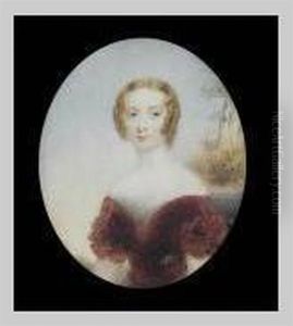 A Lady, Seated, Wearing Burgundy Dress With Short Sleeves And White Lace Underslip, Landscape Background A Lady, Seated, Wearing Burgundy Dress With Short Sleeves And White Lace Underslip, Landscape Background