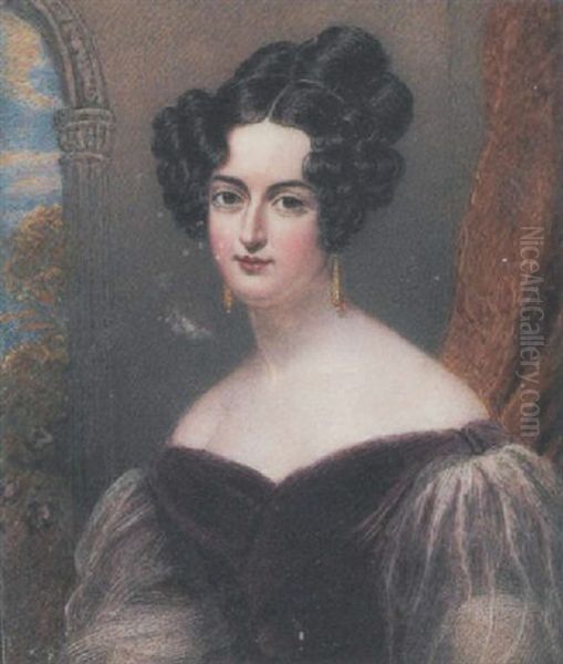 Jane Duthie Wearing Burgundy Velvet Dress With Puffed Transparent Sleeves, Drop Gold Earrings, Her Dark Brown Hair Curled And Upswept - view 1