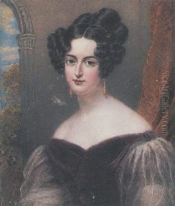 Jane Duthie Wearing Burgundy Velvet Dress With Puffed Transparent Sleeves, Drop Gold Earrings, Her Dark Brown Hair Curled And Upswept