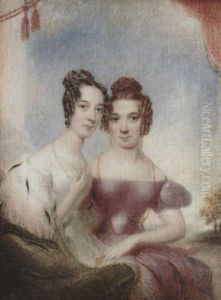 Grandmother Brierley And Great Aunt Morewood Seated By A Pillar, One Wearing White Dress And Ermine Shawl, The Other Wearing Mauve Dress, ... by Hargreaves, Thomas