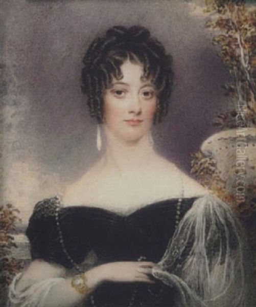 Portrait Of A Young Lady Wearing Decollete Black Dress With Short Sleeves And White Lace Underslip, White Gauze Shawl... - view 1