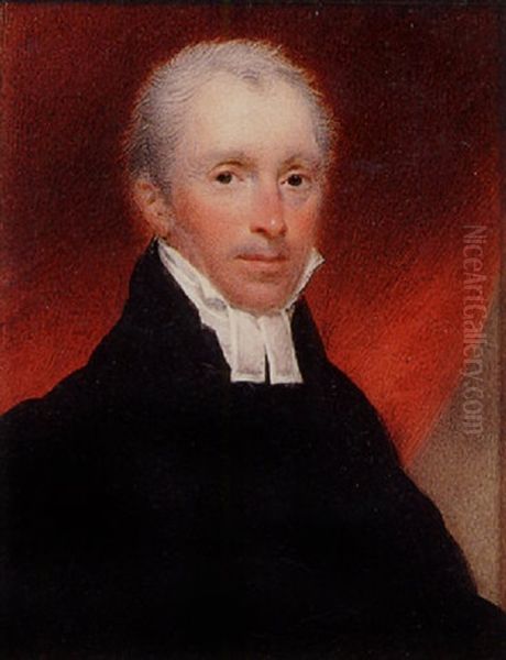 A Vicar, Wearing Black Robes And White Bands, Red Drapery Behind - view 1