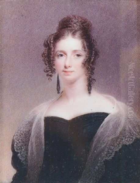 Portrait Of A Lady, Her Hair In A Plaited Bun And Ringlets, Wearing Decollete Black Dress, White Lace Shawl - view 1