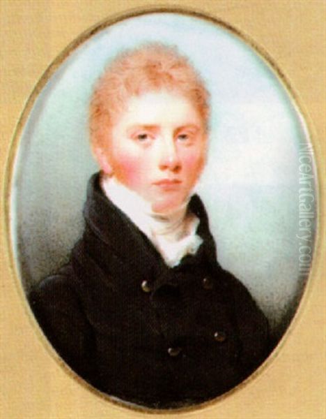 A Young Gentleman, With Side Whiskers, Wearing Blue Coat With Gold Buttons, White Waistcoat, Stock And Cravat - view 1