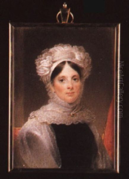 Portrait Of A Lady Seated Before A Red Curtain, Wearing A Lace Shawl Over Her Black Dress - view 1
