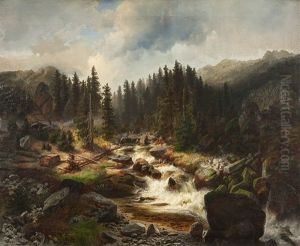 Gebirgige Waldlandschaft Mit Reisendem Bach by George Jabin