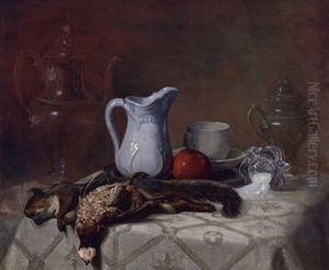 Still Life With Squirrel And Pheasant On A Table Set With Glass Pitchers And An Apple by Paul Harney Jr.