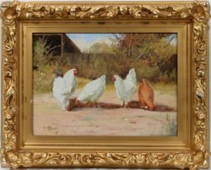 Four Chickens In A Farmyard by Paul Harney Jr.
