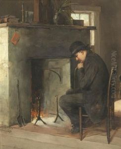 Interior Scene With Man In Top Hat And Overcoat Seated By A Fire by Paul Harney Jr.