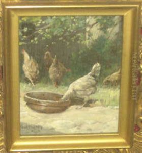 Chickens Feeding In A Landscape by Paul Harney Jr.