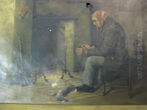 Interior Scene With Man Seated In Front Of A Hearth With A Dead Rabbit At His Feet