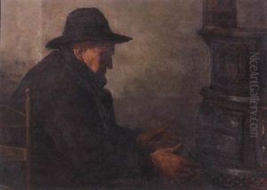 Interior Scene Of An Old Man Warming His Hands Near A Stove