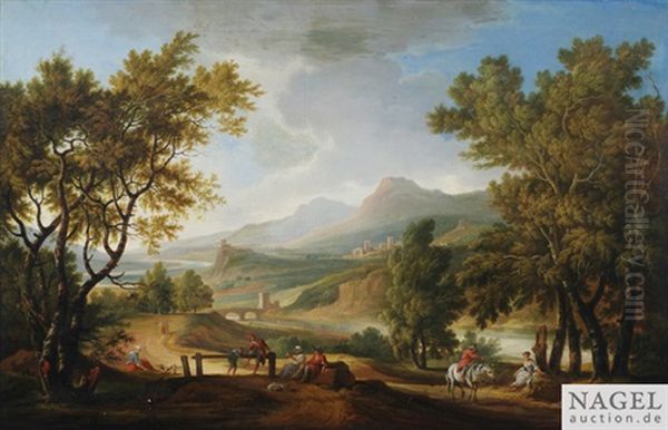 Italienisierende Flusslandschaft Mit Bauern Und Reisenden - view 1