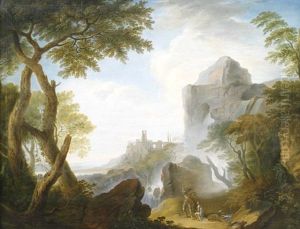 Idealisierte Campagnalandschaft Mit Wasserfall Und Ruinen, Im Vordergrund Figurenstaffage