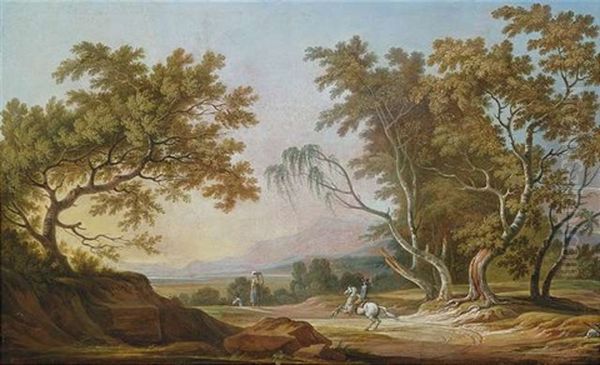 Weite Sommerlandschaft Im Abendlicht Mit Bauern Und Reiter - view 1