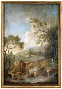 Idealisierte Campagnalandschaften Mit Wasserfallen, Figuren- Und Tierstaffage (pair) by Adolf Friedrich Harper