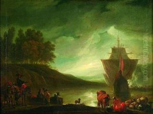 Italienische Kustenlandschaft Mit Einem Schiff Im Abendlicht