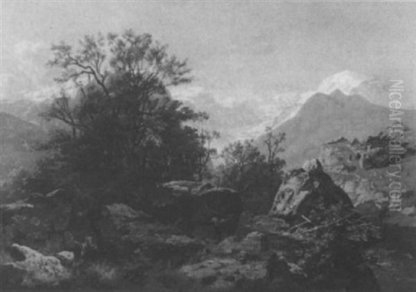 Reisigsammler In Schweizerischer Alpenlandschaft Mit Almhutte - view 1