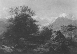 Reisigsammler In Schweizerischer Alpenlandschaft Mit Almhutte by Ferdinand Graf (Count) von Harrach
