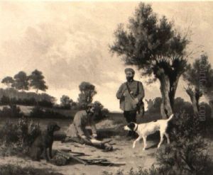 Zwei Herrschaftliche Jager Mit Ihren Hunden Und Einem Erlegten Hasen