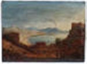 A View Of The Bay Of Naples Bay With Vesuvius In The Distance Probably Painted At Arenella On Vomero Hill With Georgian Figures And Donkeys To Foreground by Richard Bankes Harraden