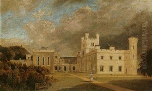 View Of A House With A Lady And Her Dog Walking In The Garden by Richard Bankes Harraden