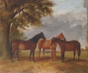 "rose," "comus Mare" And "lady Fanny", A Portrait Of Two Bays And A Chestnut In An Extensive Landscape