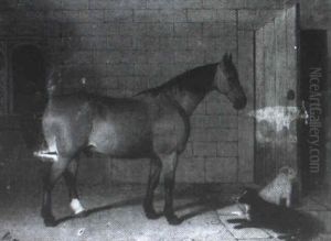A Bay Horse With Two Dogs In A Yard