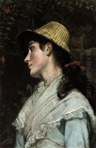 Portrait Of A Girl In A Pale Blue Dress With A Chiffon Shawl, Wearing A Straw Hat