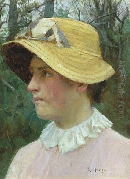 Head Of A Young Woman Wearing A Straw Bonnet - view 1