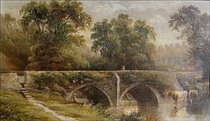 Landscape Depicting Cows In A Stream With Fisherman And Figure Crossing A Bridge Landscape Depicting Cows In A Stream With Fisherman And Figure Crossing A Bridge