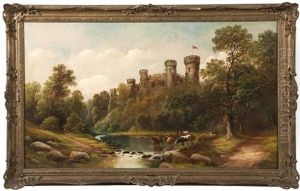 Cattle Watering In A River With Large Castle Beyond by Henry Hotham Harris