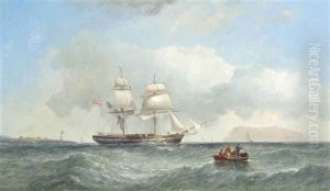 An English Brig Under Reduced Sail Off The Coast With An Island Off Her Port Bow by James Harris of Swansea