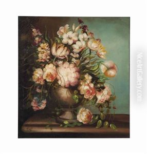 Still Life With Peonies In A Vase On A Stone Ledge
