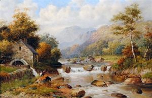 River Scene With Watermill And Fisherman In The Foreground