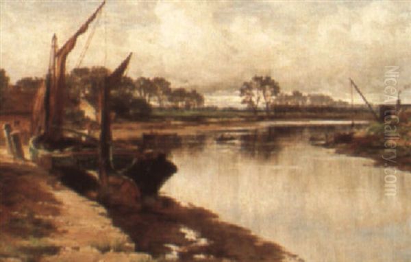 A Sailing Barge By A Creek At Low Tide - view 1
