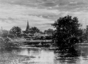 Children Fishing On A River With A Village